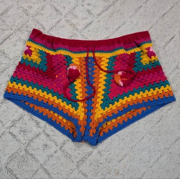 FARM Rio Pants - Farm Rio Shorts Womens XS Pink Yellow Striped Scarf Crotched Beach Travel Boho